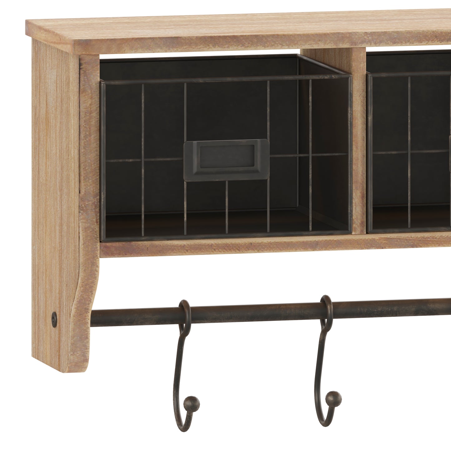 Daly Wall Mounted 24 Inch Solid Pine Wood Storage Rack with Upper Shelf, 5 Hooks, Wire Baskets For Entryway, Kitchen, Bathroom in Rustic Brown Rustic Brown