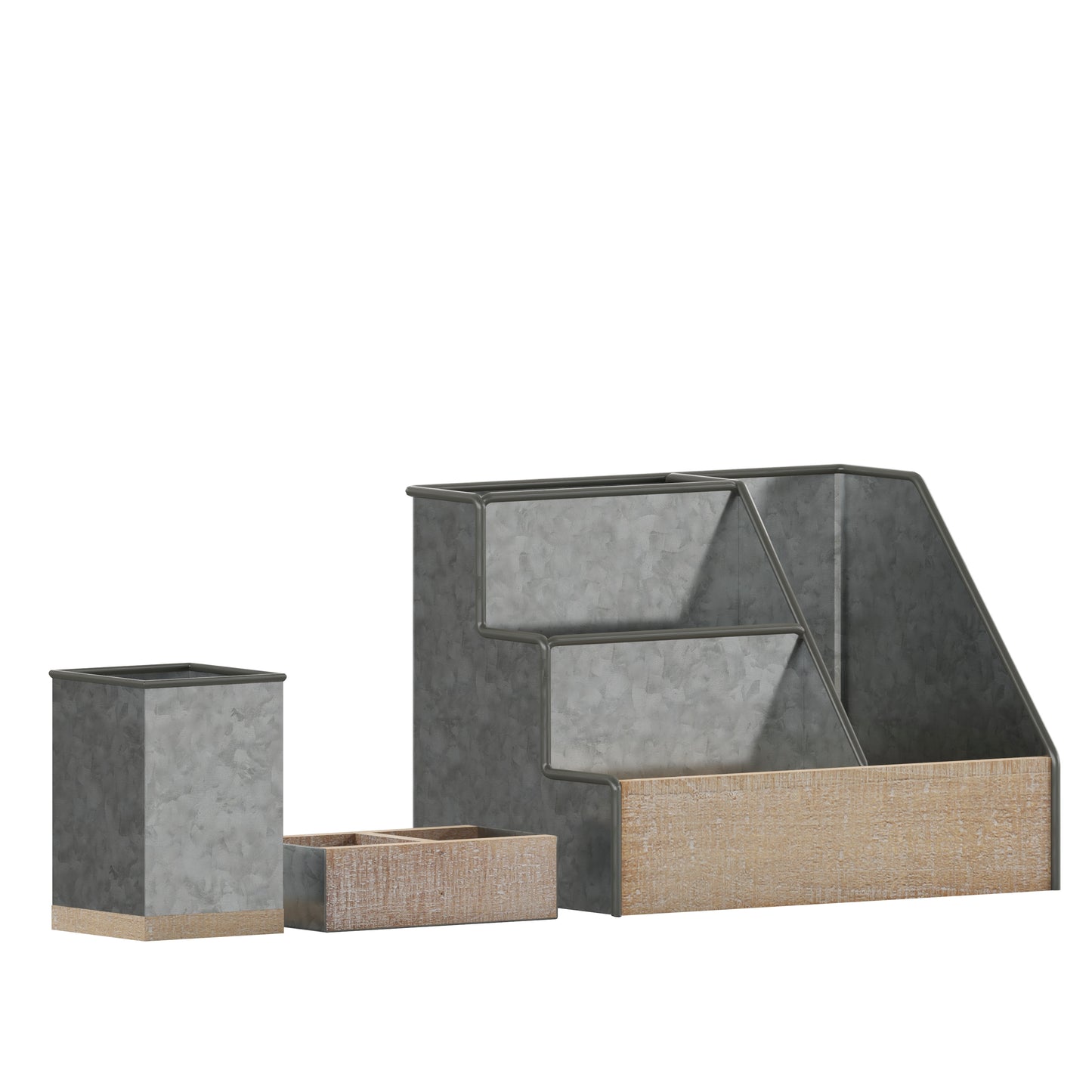 Comerford 3 Piece Galvanized Finish Metal and Rustic Wood Organizer Set For Desktop, Countertop, or Vanity Galvanized