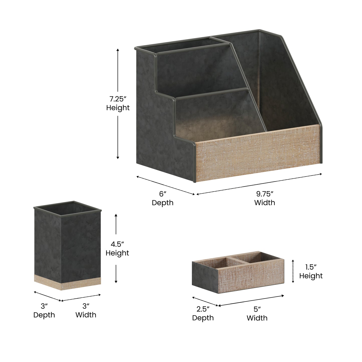 Comerford 3 Piece Galvanized Finish Metal and Rustic Wood Organizer Set For Desktop, Countertop, or Vanity Galvanized