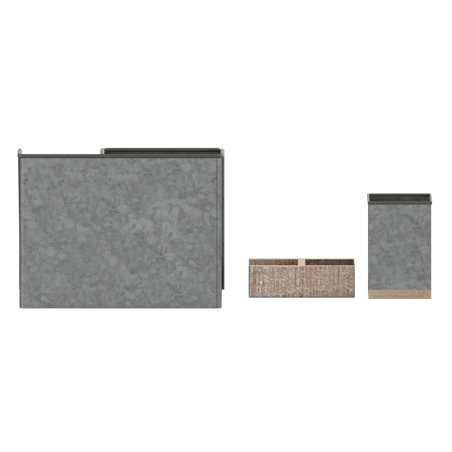 Comerford 3 Piece Galvanized Finish Metal and Rustic Wood Organizer Set For Desktop, Countertop, or Vanity Galvanized