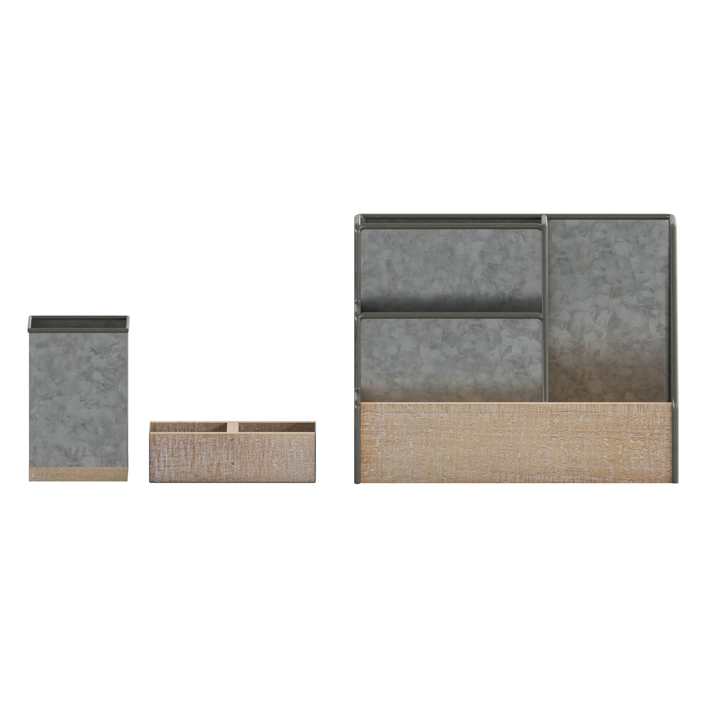 Comerford 3 Piece Galvanized Finish Metal and Rustic Wood Organizer Set For Desktop, Countertop, or Vanity Galvanized