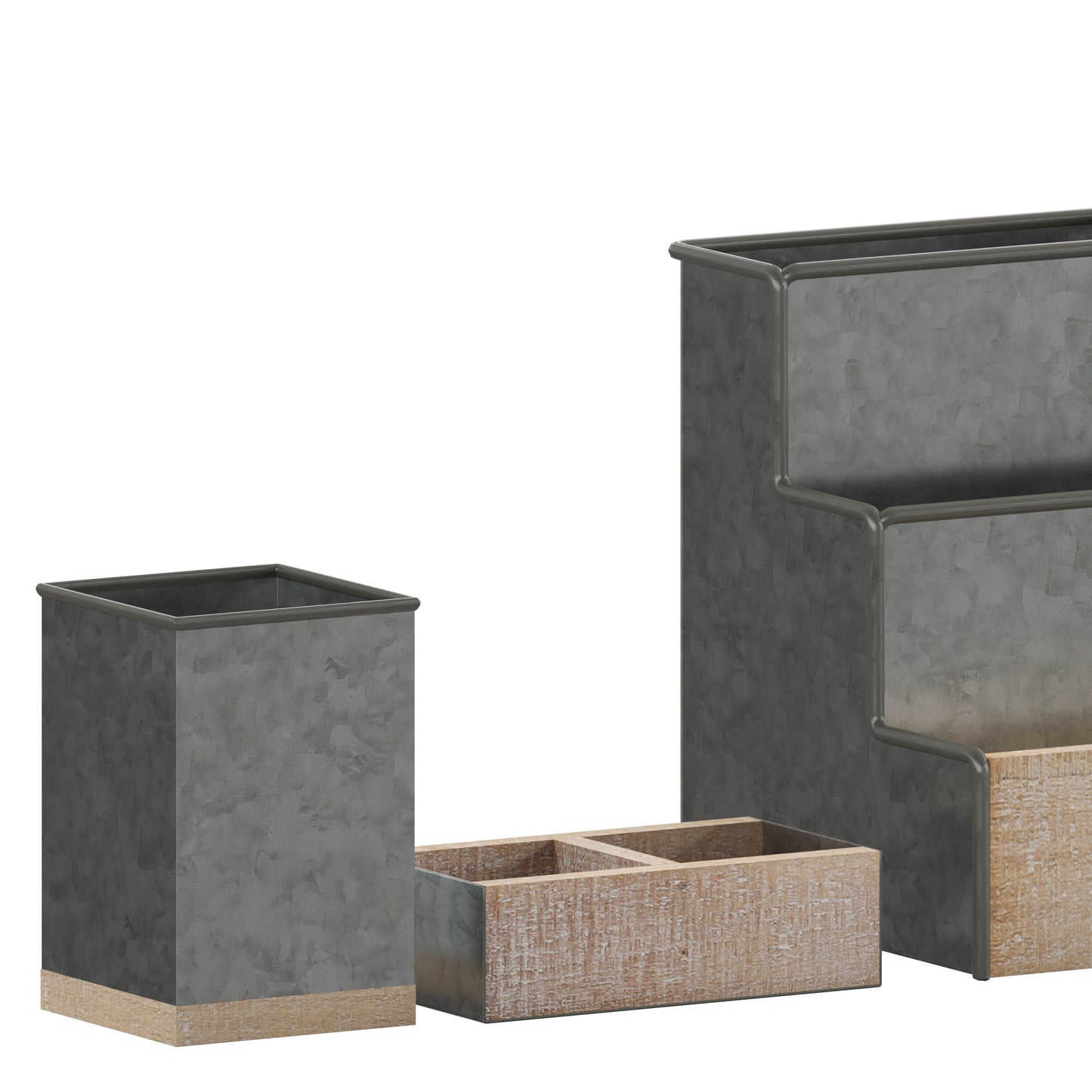 Comerford 3 Piece Galvanized Finish Metal and Rustic Wood Organizer Set For Desktop, Countertop, or Vanity Galvanized