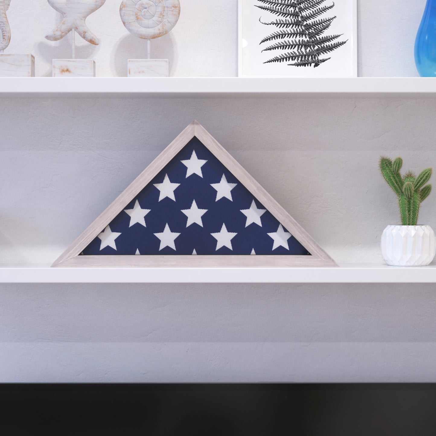 Sheehan Whitewashed Memorial Flag Display Case - Solid Wood Military Flag Display Case for 9.5 x 5 American Veteran Flag White Wash