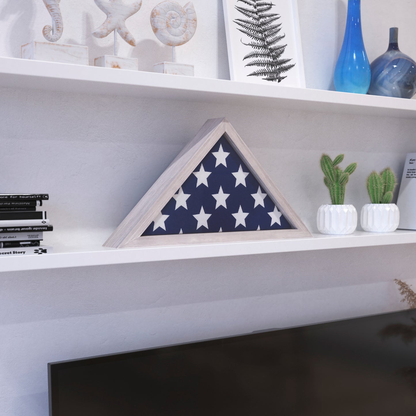 Sheehan Whitewashed Memorial Flag Display Case - Solid Wood Military Flag Display Case for 9.5 x 5 American Veteran Flag White Wash