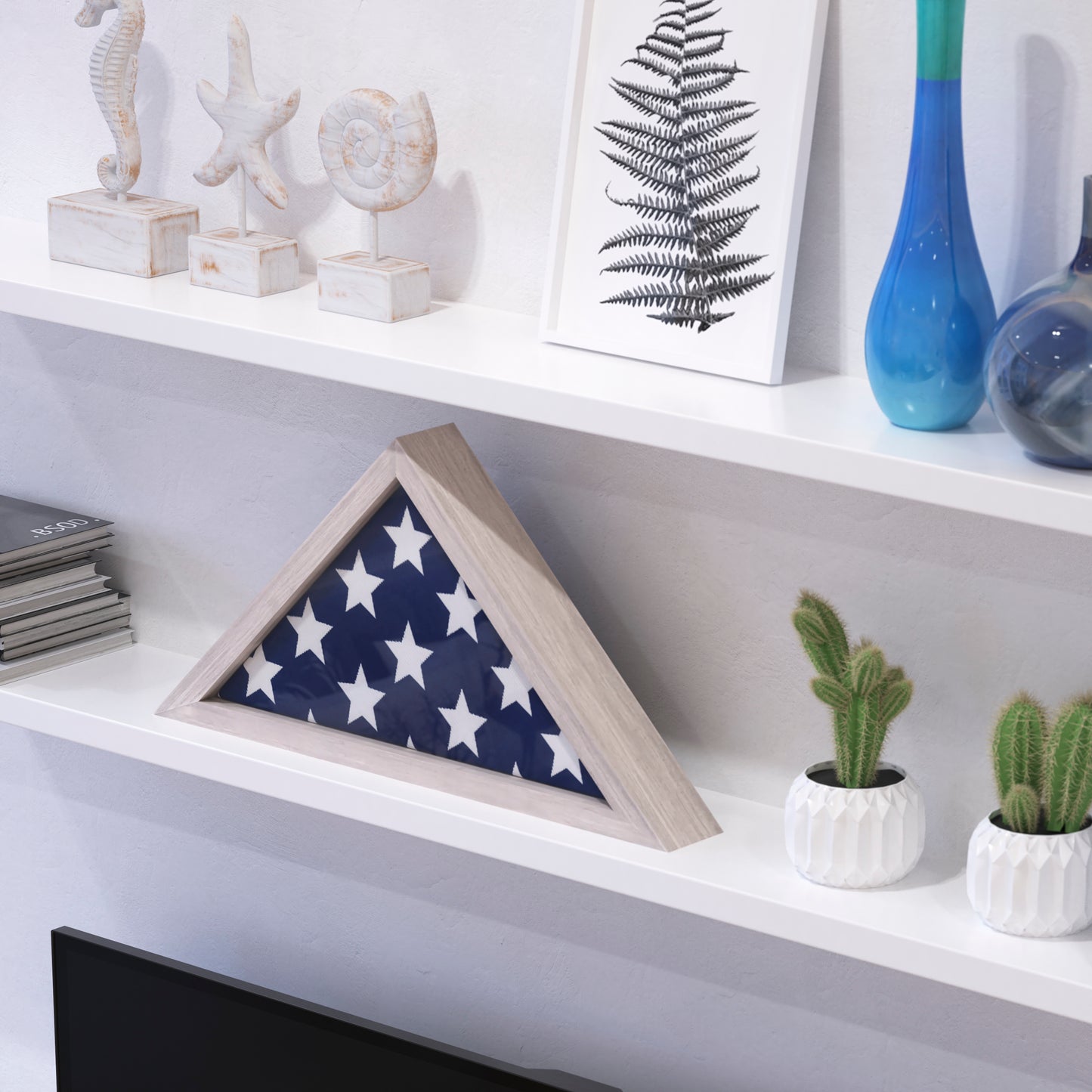 Sheehan Whitewashed Memorial Flag Display Case - Solid Wood Military Flag Display Case for 9.5 x 5 American Veteran Flag White Wash