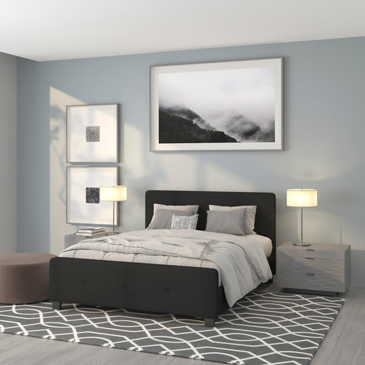 Tribeca Queen Size Tufted Upholstered Platform Bed in Black Fabric Black