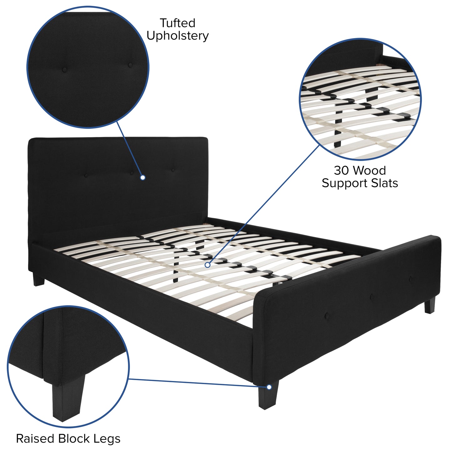 Tribeca Queen Size Tufted Upholstered Platform Bed in Black Fabric Black