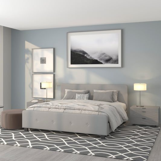 Tribeca King Size Tufted Upholstered Platform Bed in Light Gray Fabric Light Gray