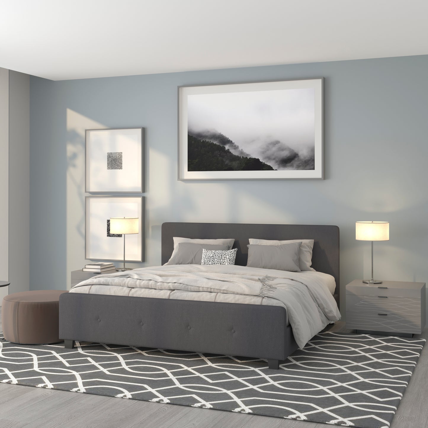 Tribeca King Size Tufted Upholstered Platform Bed in Dark Gray Fabric Dark Gray