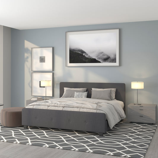 Tribeca King Size Tufted Upholstered Platform Bed in Dark Gray Fabric Dark Gray