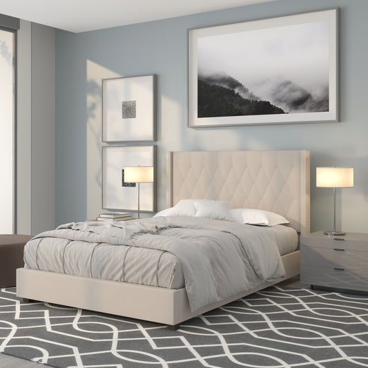 Riverdale Full Size Tufted Upholstered Platform Bed in Beige Fabric Beige