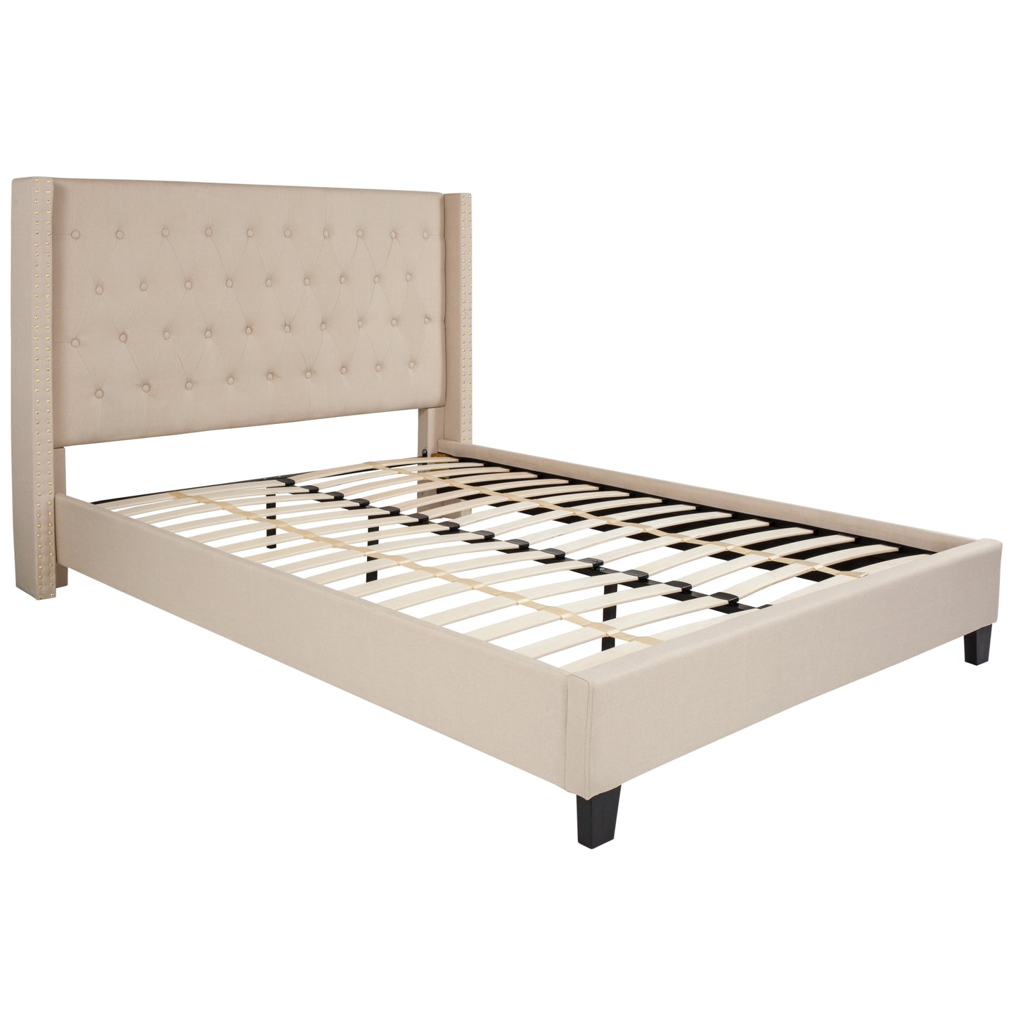 Riverdale Queen Size Tufted Upholstered Platform Bed in Beige Fabric Beige