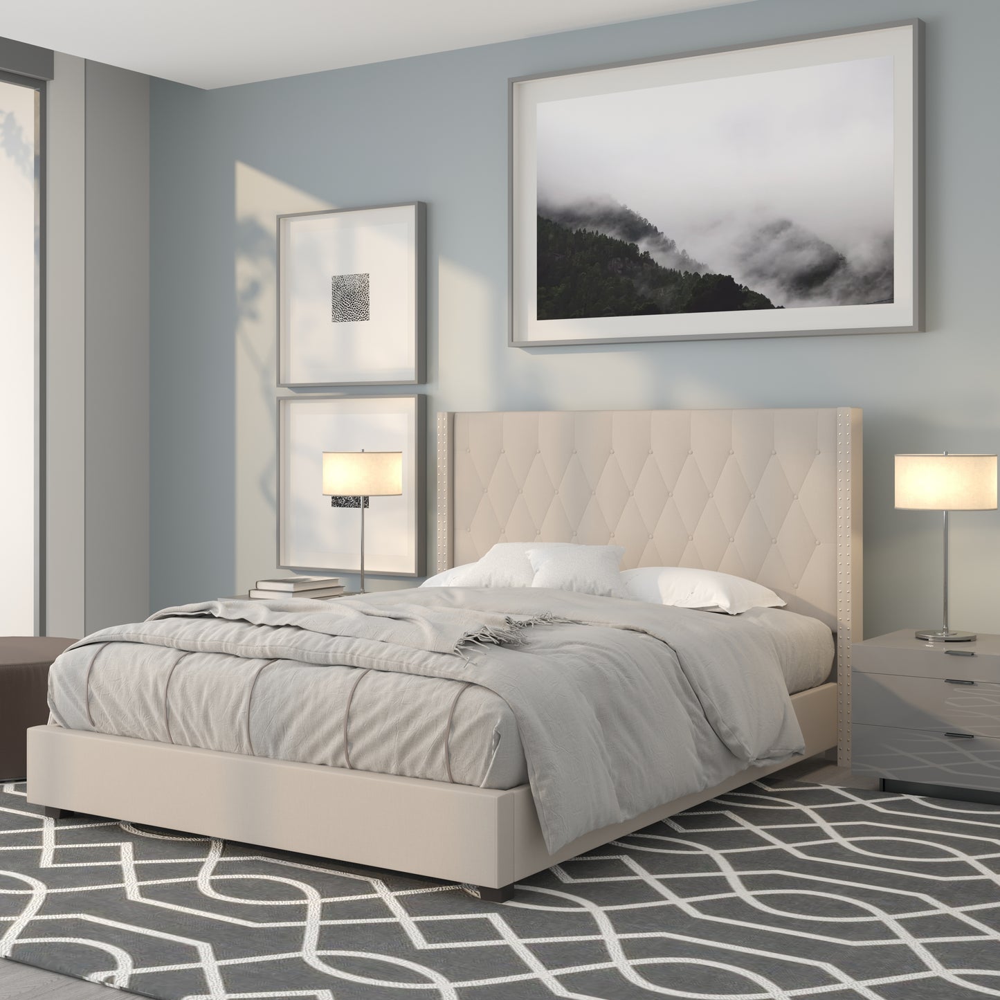 Riverdale Queen Size Tufted Upholstered Platform Bed in Beige Fabric Beige