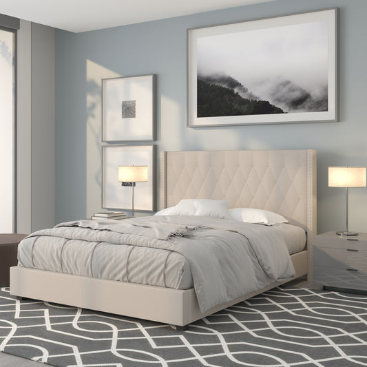 Riverdale Queen Size Tufted Upholstered Platform Bed in Beige Fabric Beige