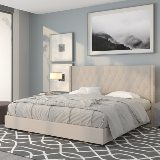 Riverdale King Size Tufted Upholstered Platform Bed in Beige Fabric Beige