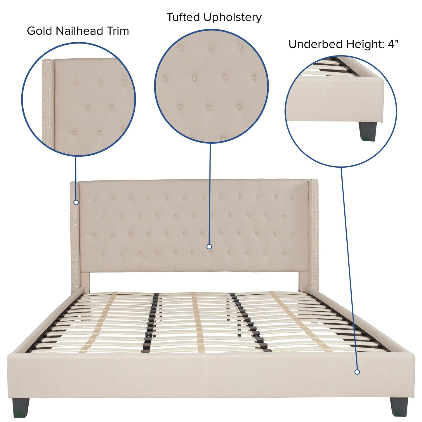 Riverdale King Size Tufted Upholstered Platform Bed in Beige Fabric Beige