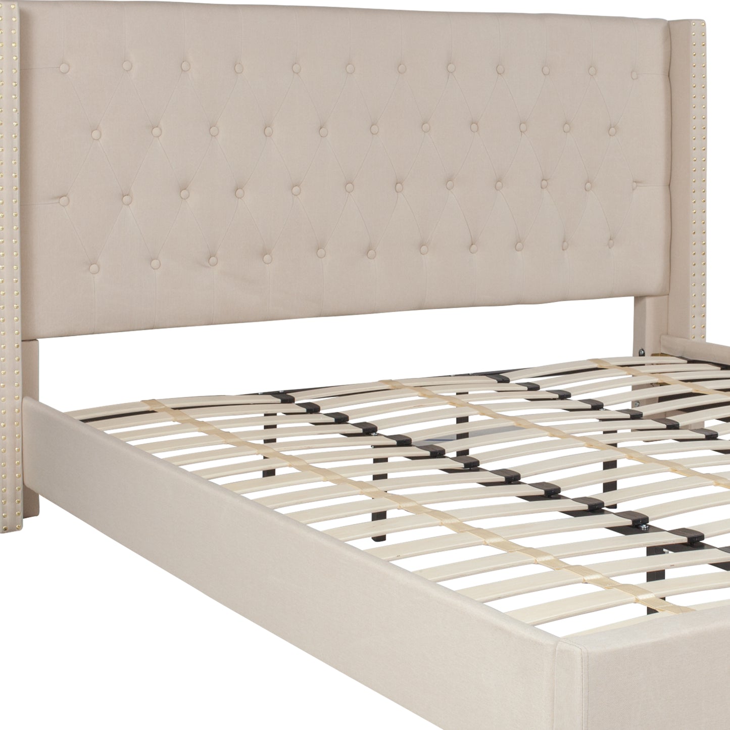 Riverdale King Size Tufted Upholstered Platform Bed in Beige Fabric Beige