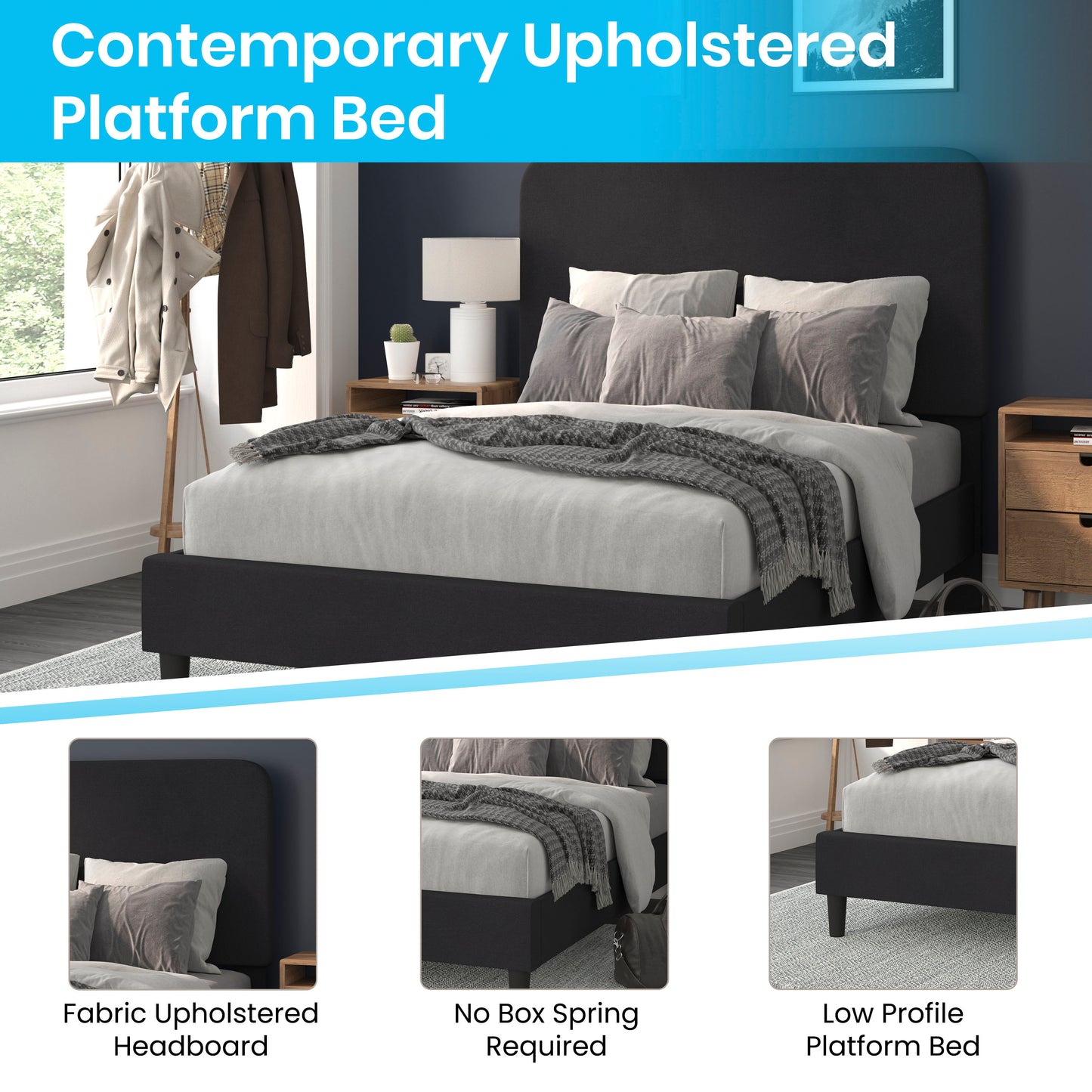 Addison Charcoal Full Fabric Upholstered Platform Bed - Headboard with Rounded Edges - No Box Spring or Foundation Needed Charcoal