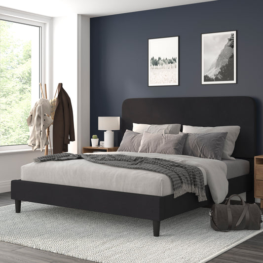 Addison Charcoal King Fabric Upholstered Platform Bed - Headboard with Rounded Edges - No Box Spring or Foundation Needed Charcoal HG-3WPB21-K04-K-BK-GG