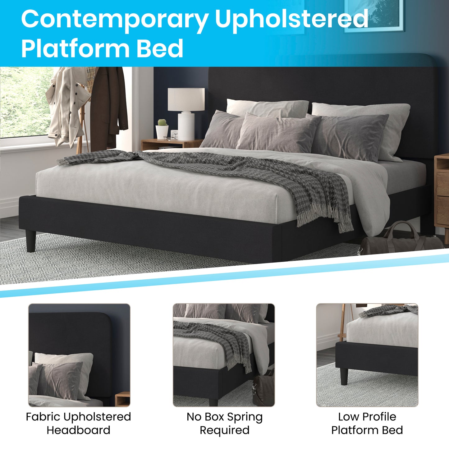 Addison Charcoal King Fabric Upholstered Platform Bed - Headboard with Rounded Edges - No Box Spring or Foundation Needed Charcoal