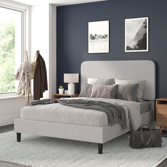 Addison Light Grey Queen Fabric Upholstered Platform Bed - Headboard with Rounded Edges - No Box Spring or Foundation Needed Light Grey HG-3WPB21-Q03-Q-GY-GG