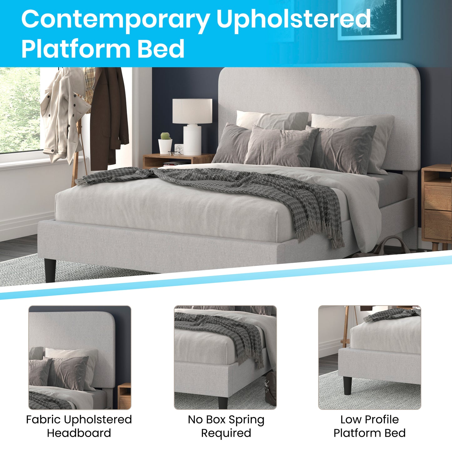 Addison Light Grey Queen Fabric Upholstered Platform Bed - Headboard with Rounded Edges - No Box Spring or Foundation Needed Light Grey