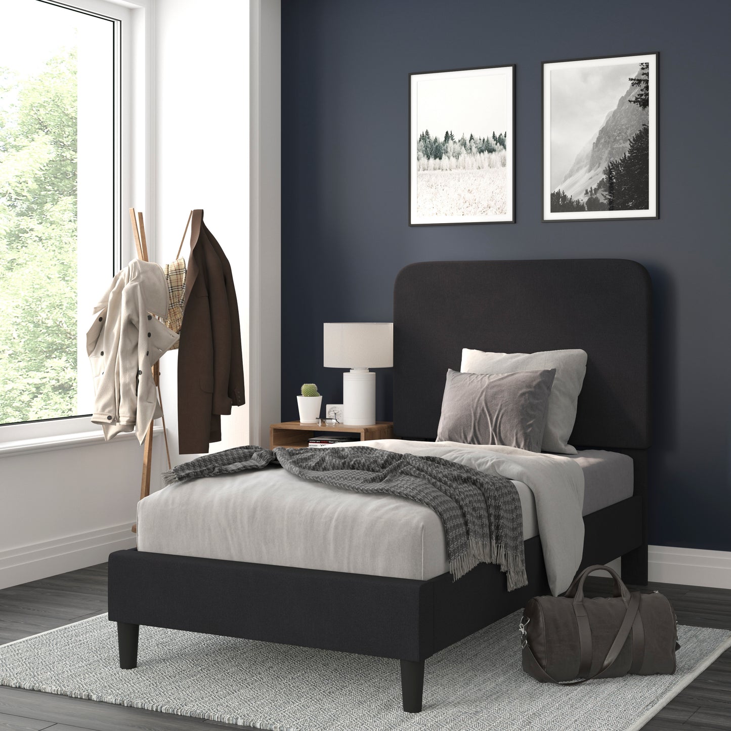 Addison Charcoal Twin Fabric Upholstered Platform Bed - Headboard with Rounded Edges - No Box Spring or Foundation Needed Charcoal