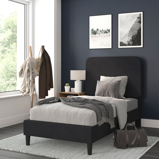 Addison Charcoal Twin Fabric Upholstered Platform Bed - Headboard with Rounded Edges - No Box Spring or Foundation Needed Charcoal HG-3WPB21-T01-T-BK-GG