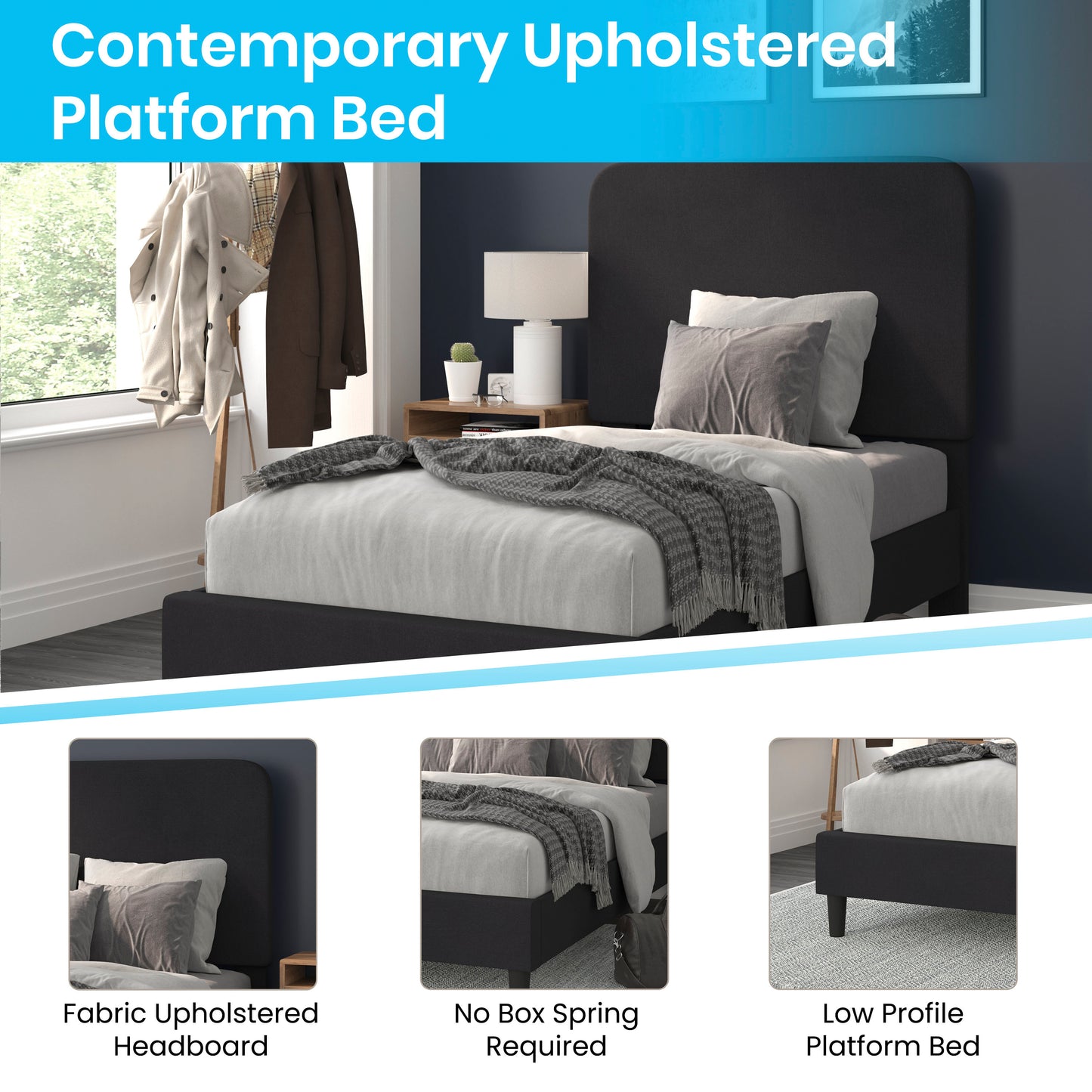 Addison Charcoal Twin Fabric Upholstered Platform Bed - Headboard with Rounded Edges - No Box Spring or Foundation Needed Charcoal
