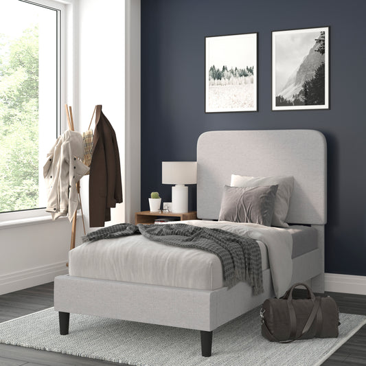 Addison Light Grey Twin Fabric Upholstered Platform Bed - Headboard with Rounded Edges - No Box Spring or Foundation Needed Light Grey HG-3WPB21-T01-T-GY-GG