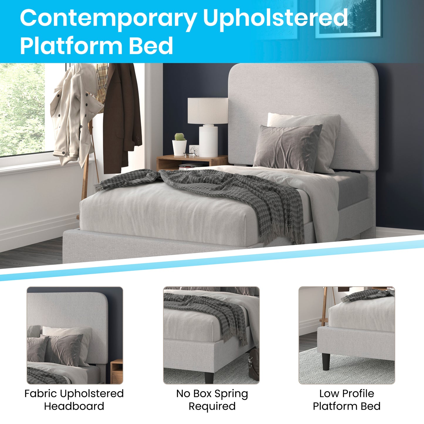 Addison Light Grey Twin Fabric Upholstered Platform Bed - Headboard with Rounded Edges - No Box Spring or Foundation Needed Light Grey