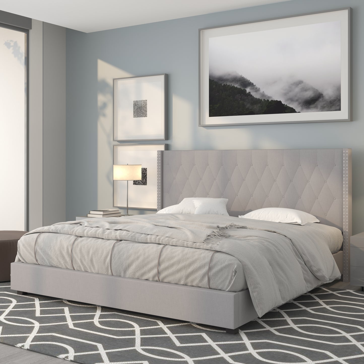 Riverdale King Size Tufted Upholstered Platform Bed in Light Gray Fabric Light Gray