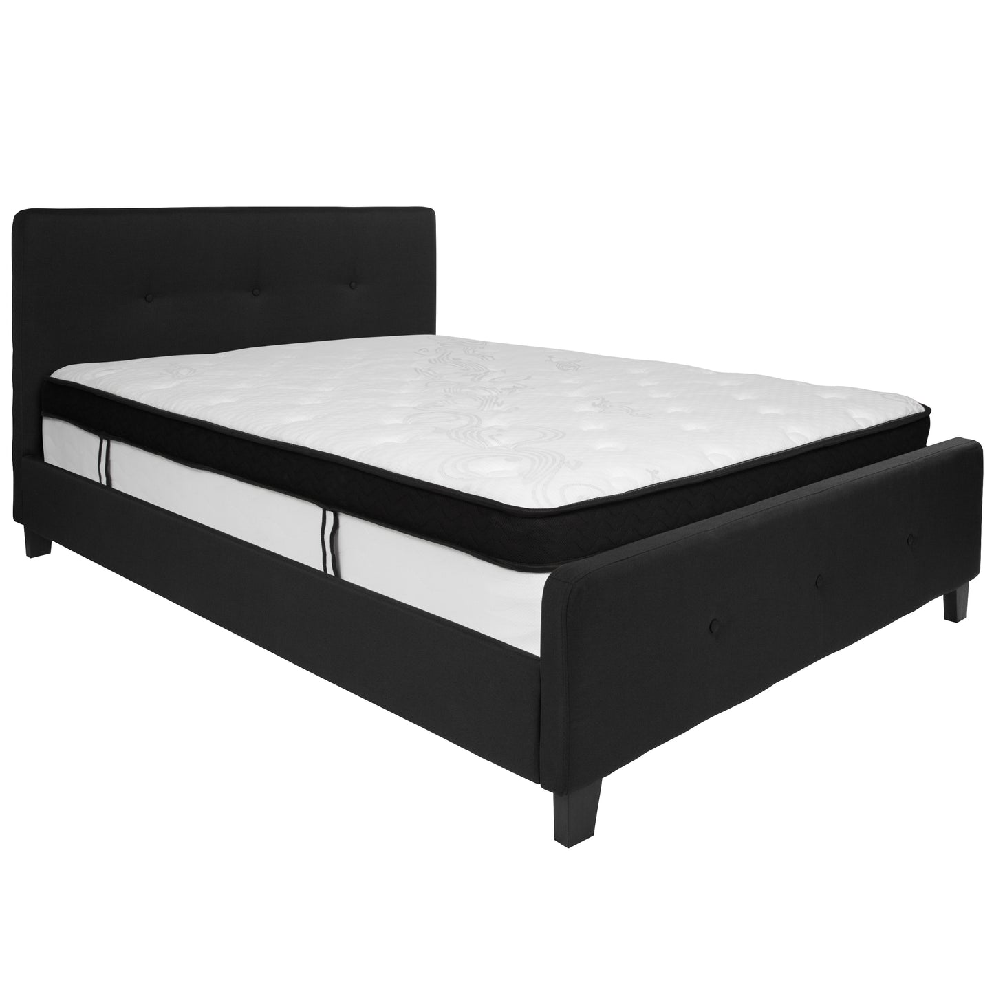 Tribeca Queen Size Tufted Upholstered Platform Bed in Black Fabric with Memory Foam Mattress Black