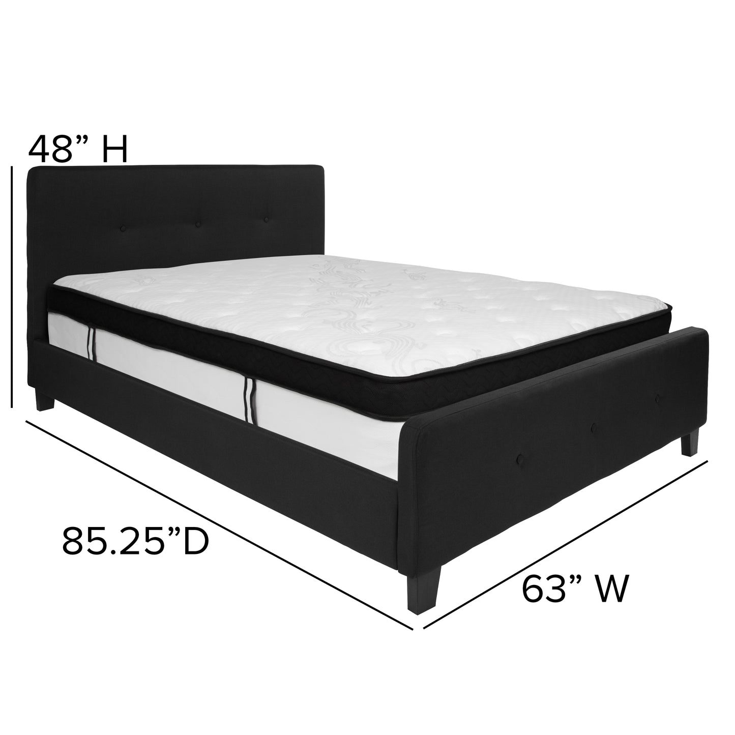 Tribeca Queen Size Tufted Upholstered Platform Bed in Black Fabric with Memory Foam Mattress Black