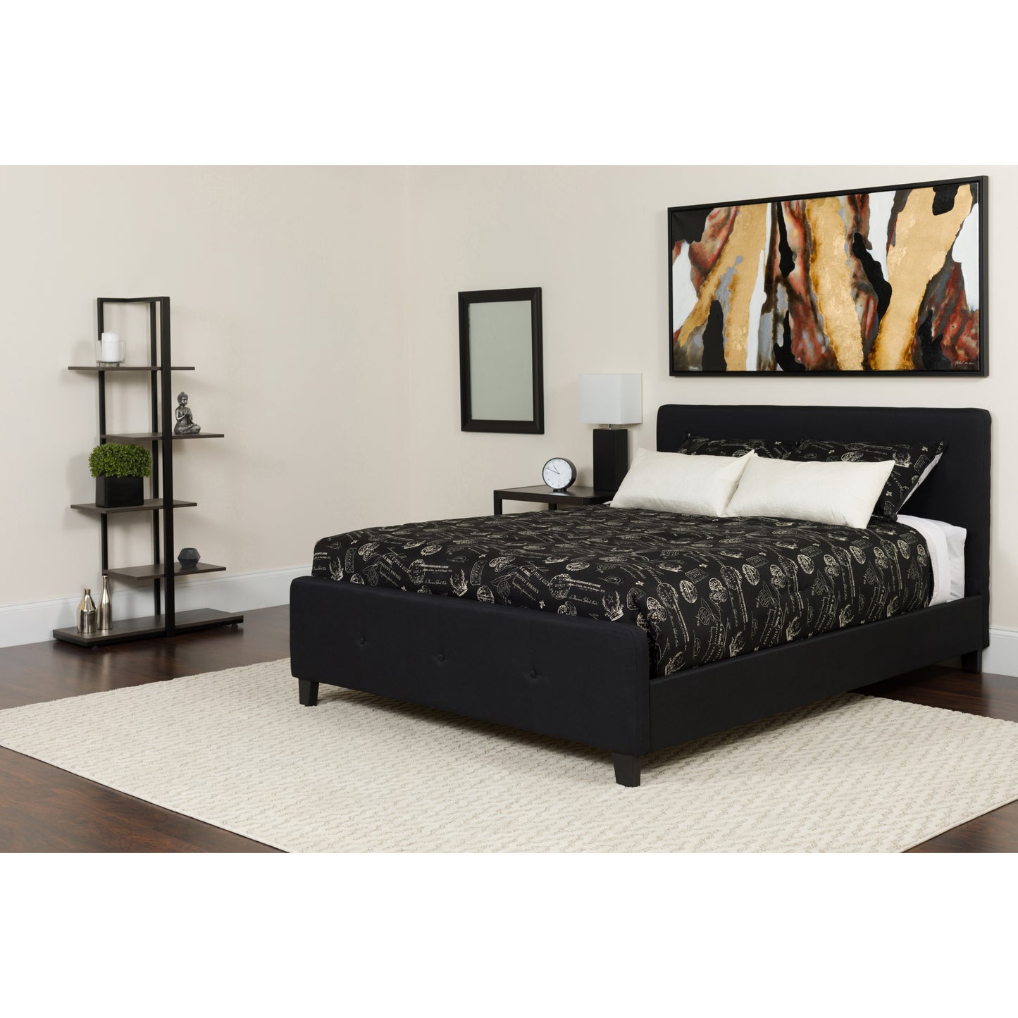 Tribeca Queen Size Tufted Upholstered Platform Bed in Black Fabric with Memory Foam Mattress Black