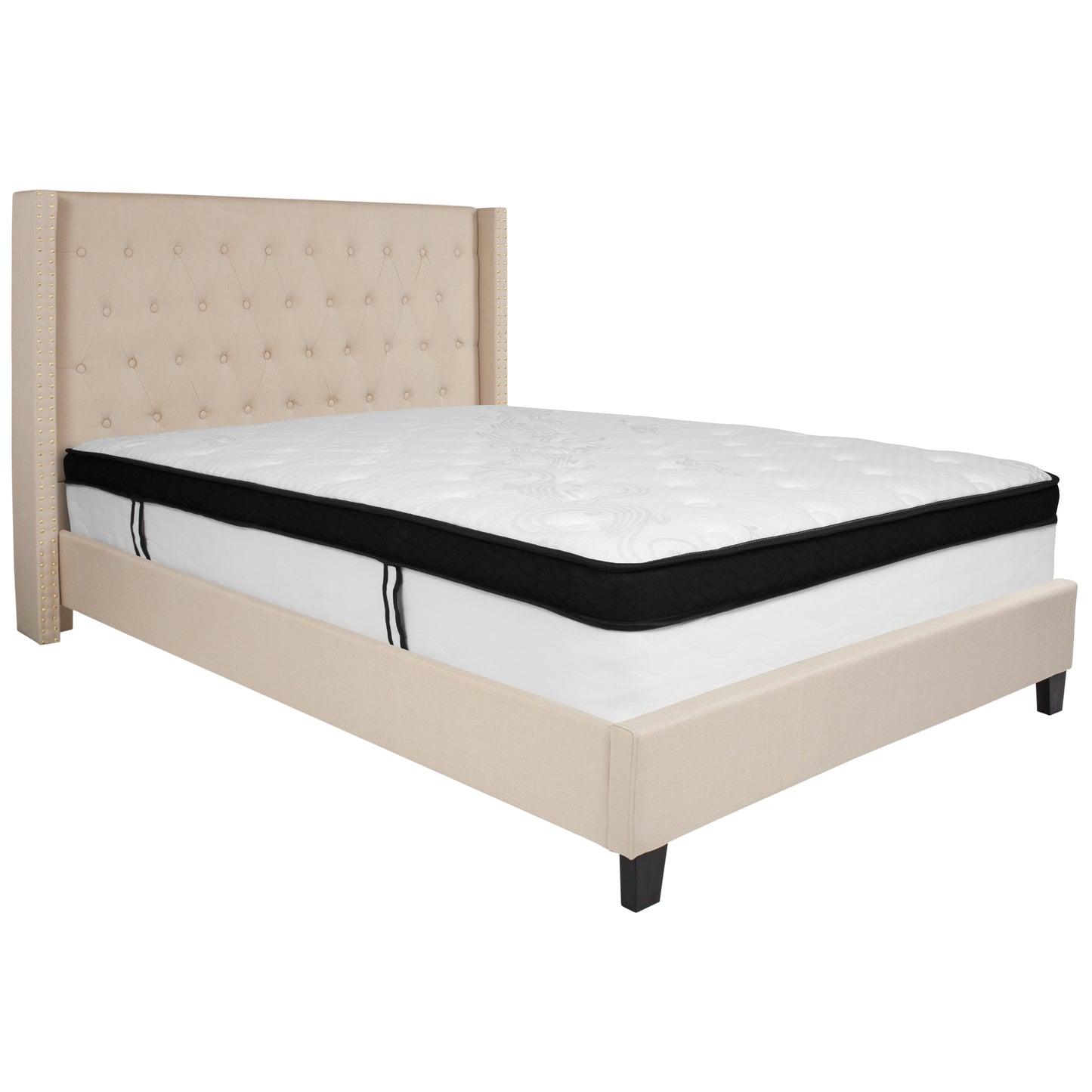 Riverdale Queen Size Tufted Upholstered Platform Bed in Beige Fabric with Memory Foam Mattress Beige