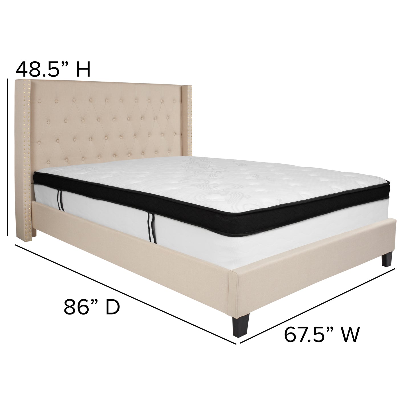 Riverdale Queen Size Tufted Upholstered Platform Bed in Beige Fabric with Memory Foam Mattress Beige