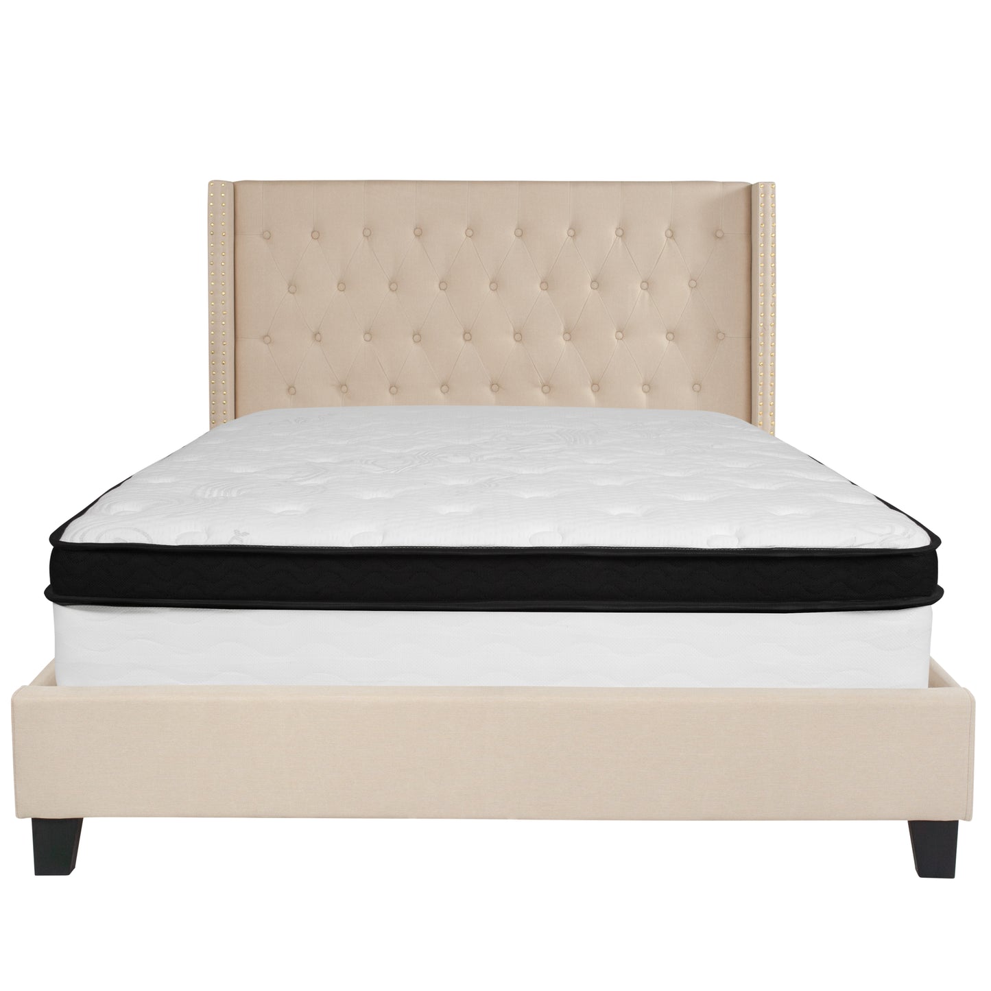 Riverdale Queen Size Tufted Upholstered Platform Bed in Beige Fabric with Memory Foam Mattress Beige
