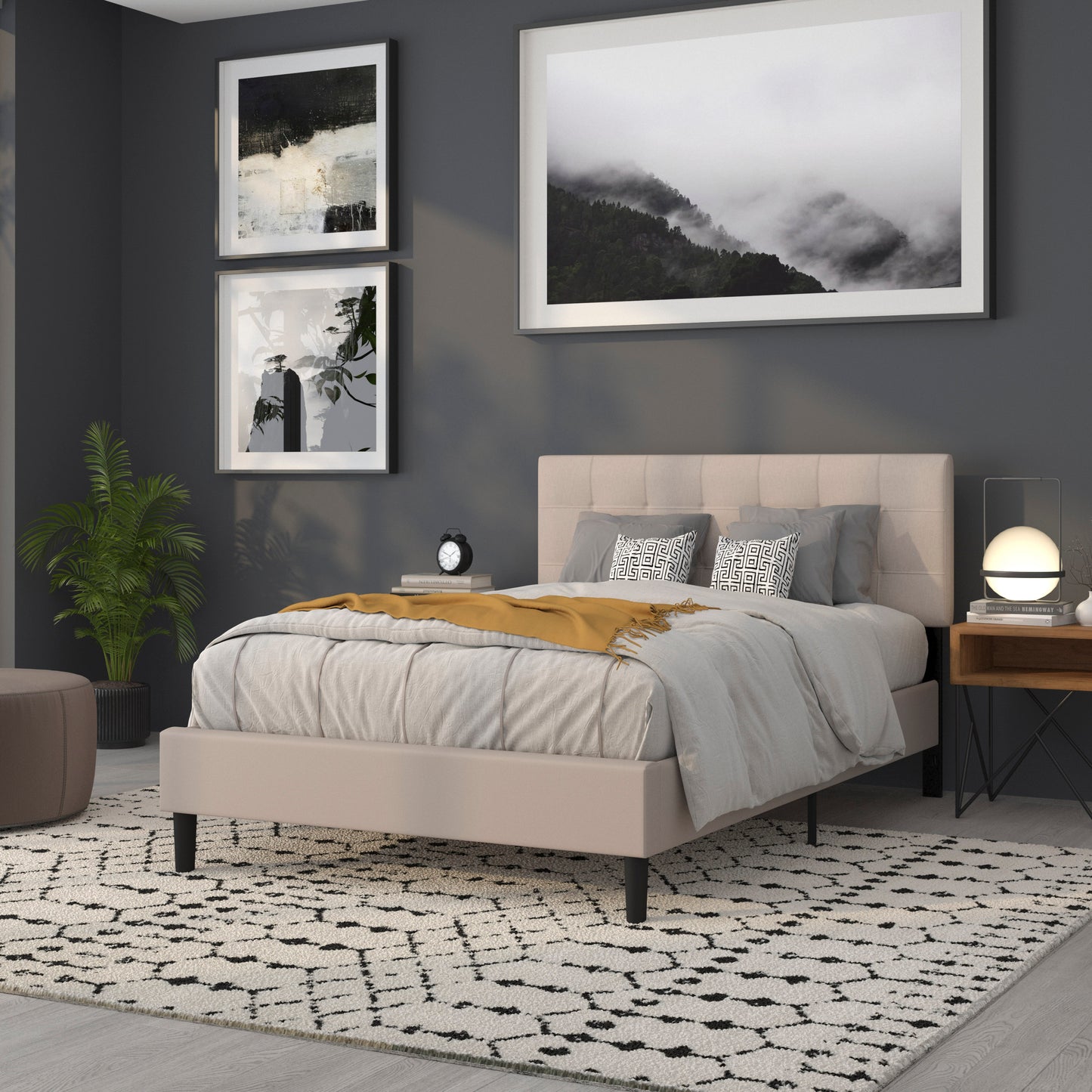 Bedford Tufted Upholstered Full Size Headboard in Beige Fabric Beige