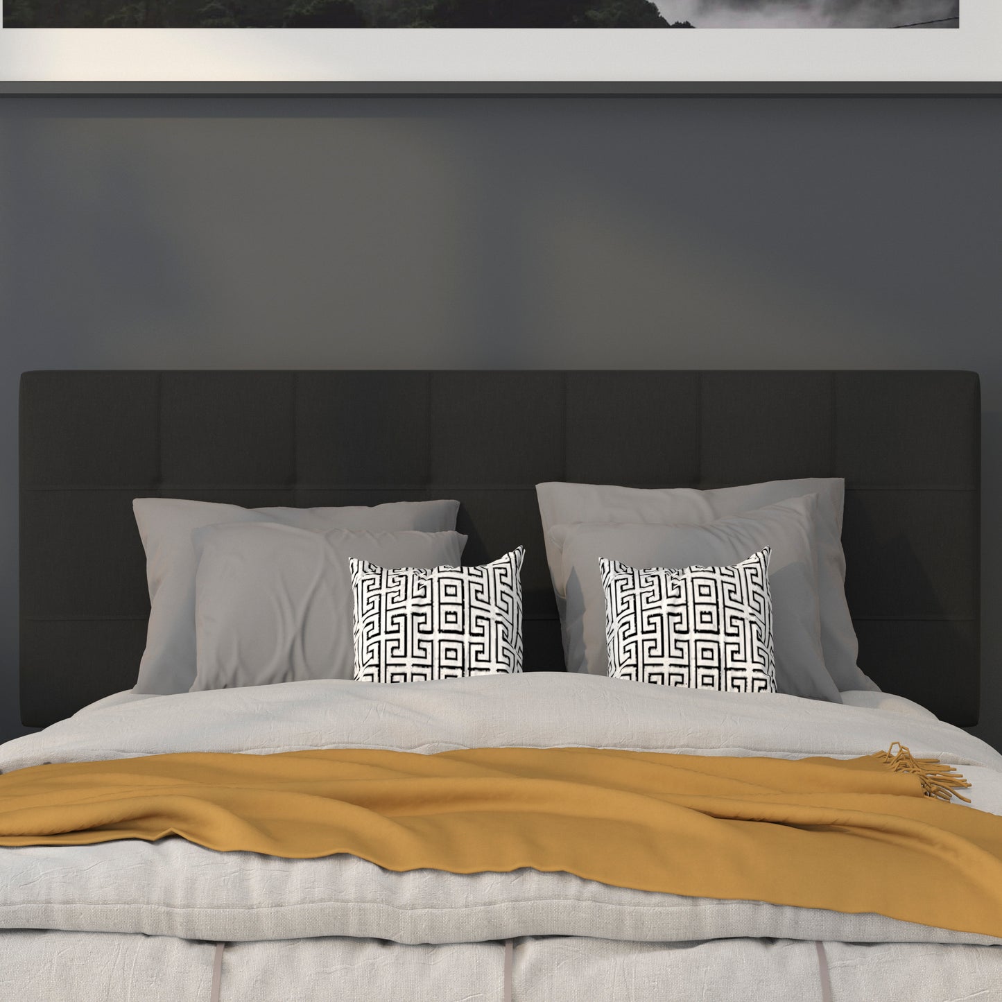 Bedford Tufted Upholstered Full Size Headboard in Black Fabric Black