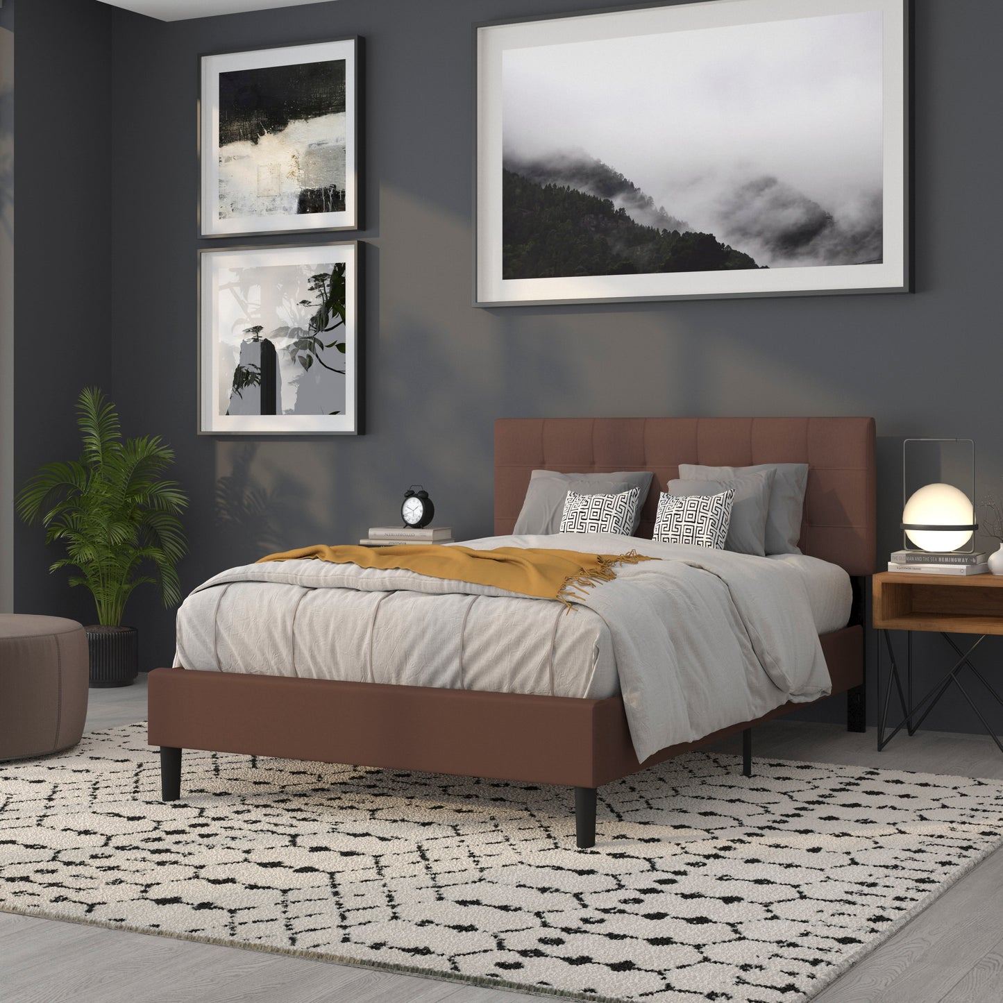 Bedford Tufted Upholstered Full Size Headboard in Dark Brown Fabric Dark Brown