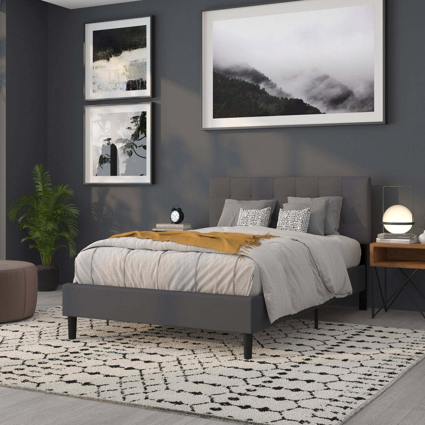Bedford Tufted Upholstered Full Size Headboard in Dark Gray Fabric Dark Gray