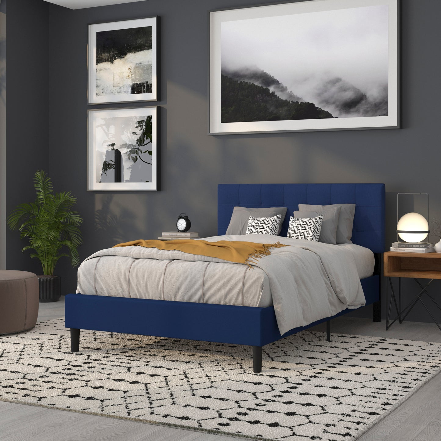 Bedford Tufted Upholstered Full Size Headboard in Navy Fabric Navy