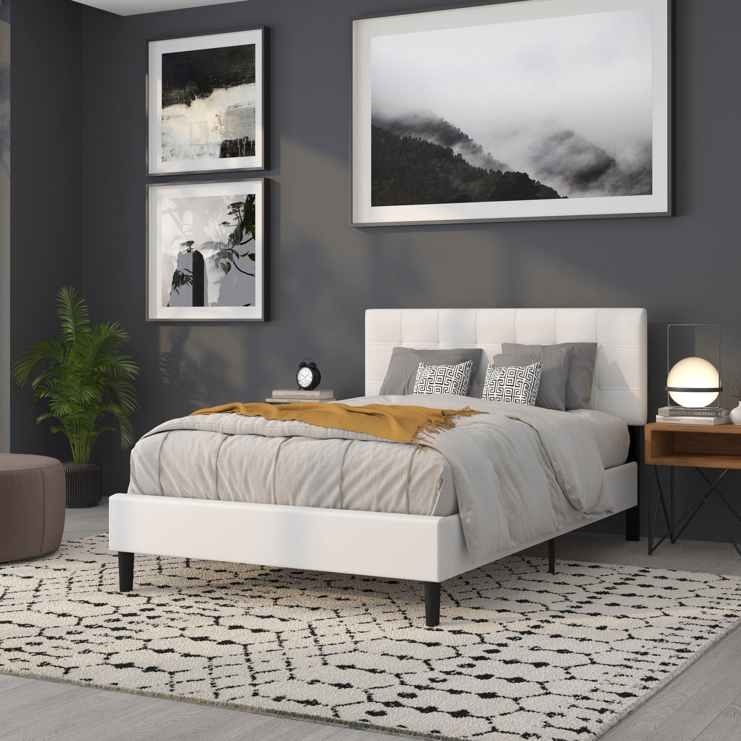 Bedford Tufted Upholstered Full Size Headboard in White Fabric White