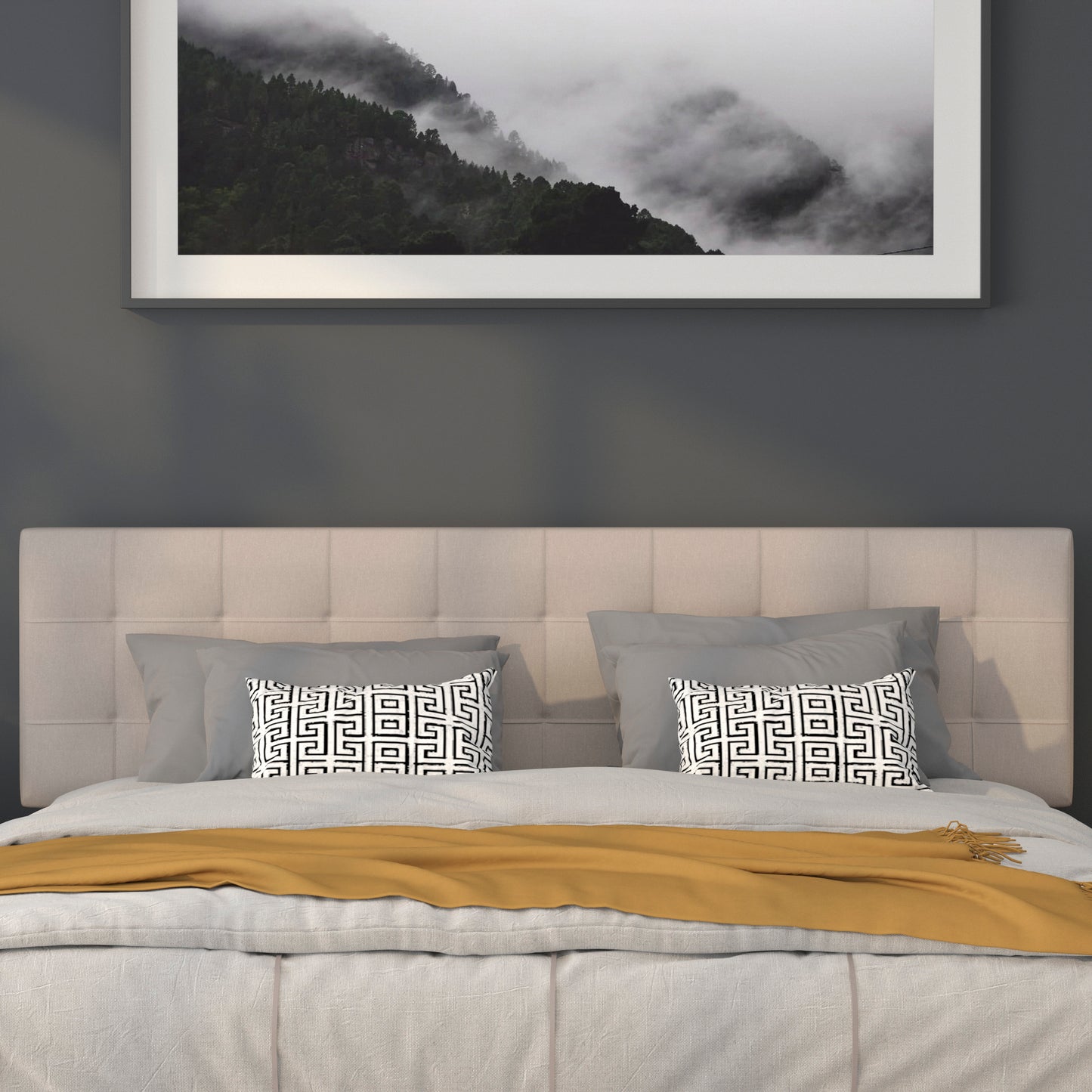 Bedford Tufted Upholstered King Size Headboard in Beige Fabric Beige