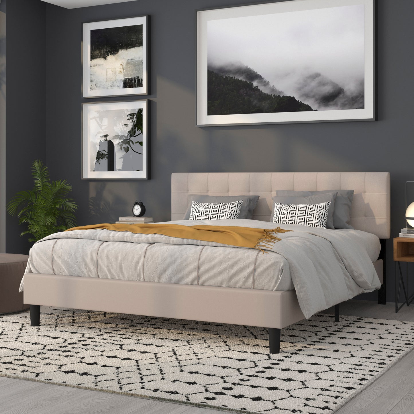 Bedford Tufted Upholstered King Size Headboard in Beige Fabric Beige