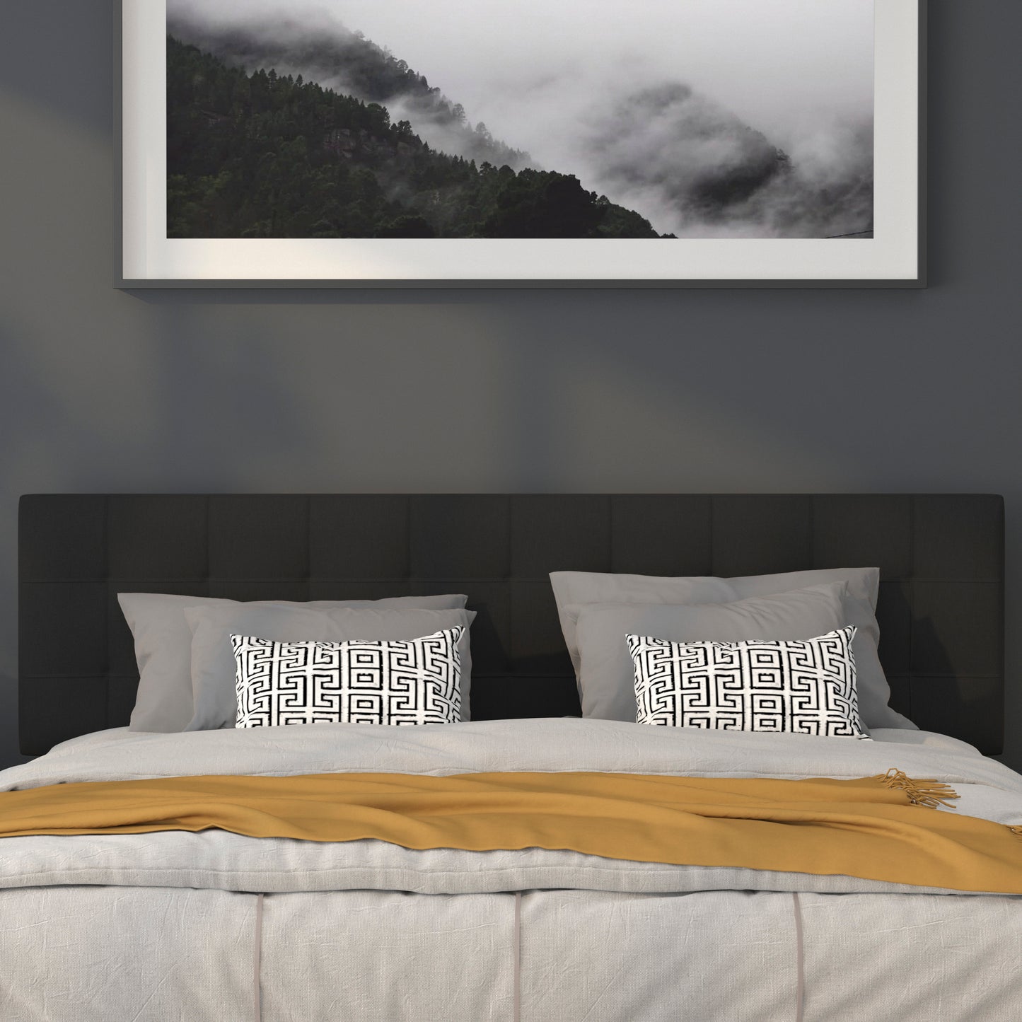 Bedford Tufted Upholstered King Size Headboard in Black Fabric Black