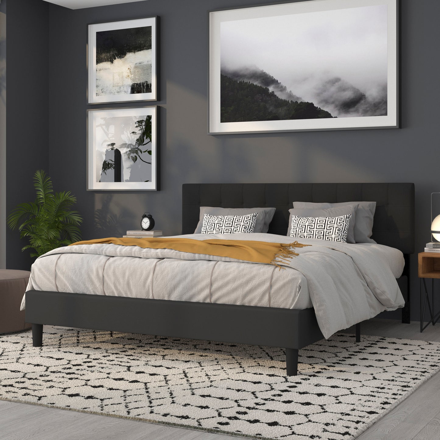 Bedford Tufted Upholstered King Size Headboard in Black Fabric Black