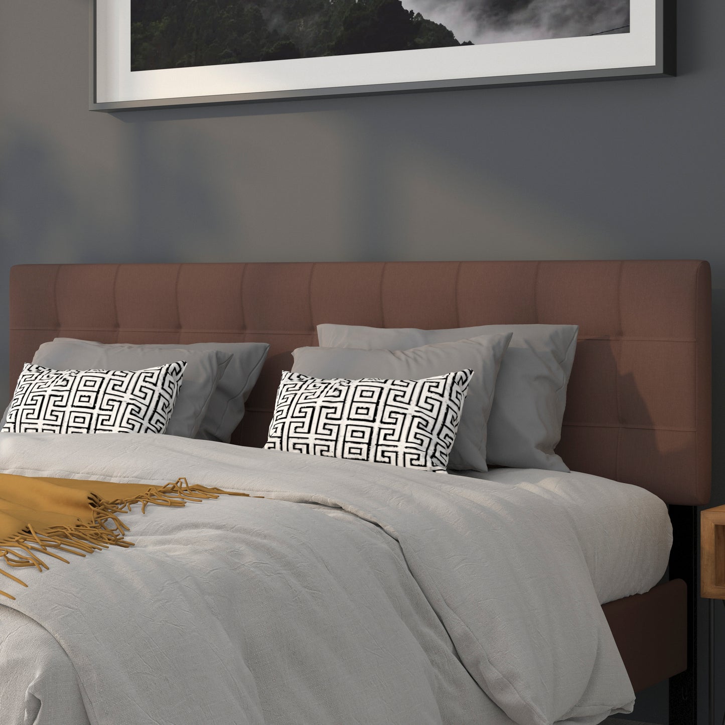 Bedford Tufted Upholstered King Size Headboard in Dark Brown Fabric Dark Brown