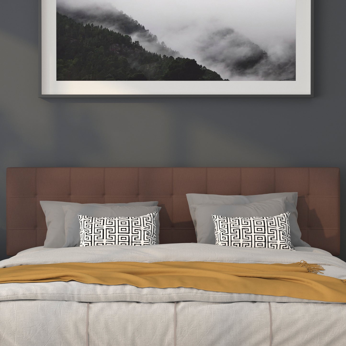 Bedford Tufted Upholstered King Size Headboard in Dark Brown Fabric Dark Brown